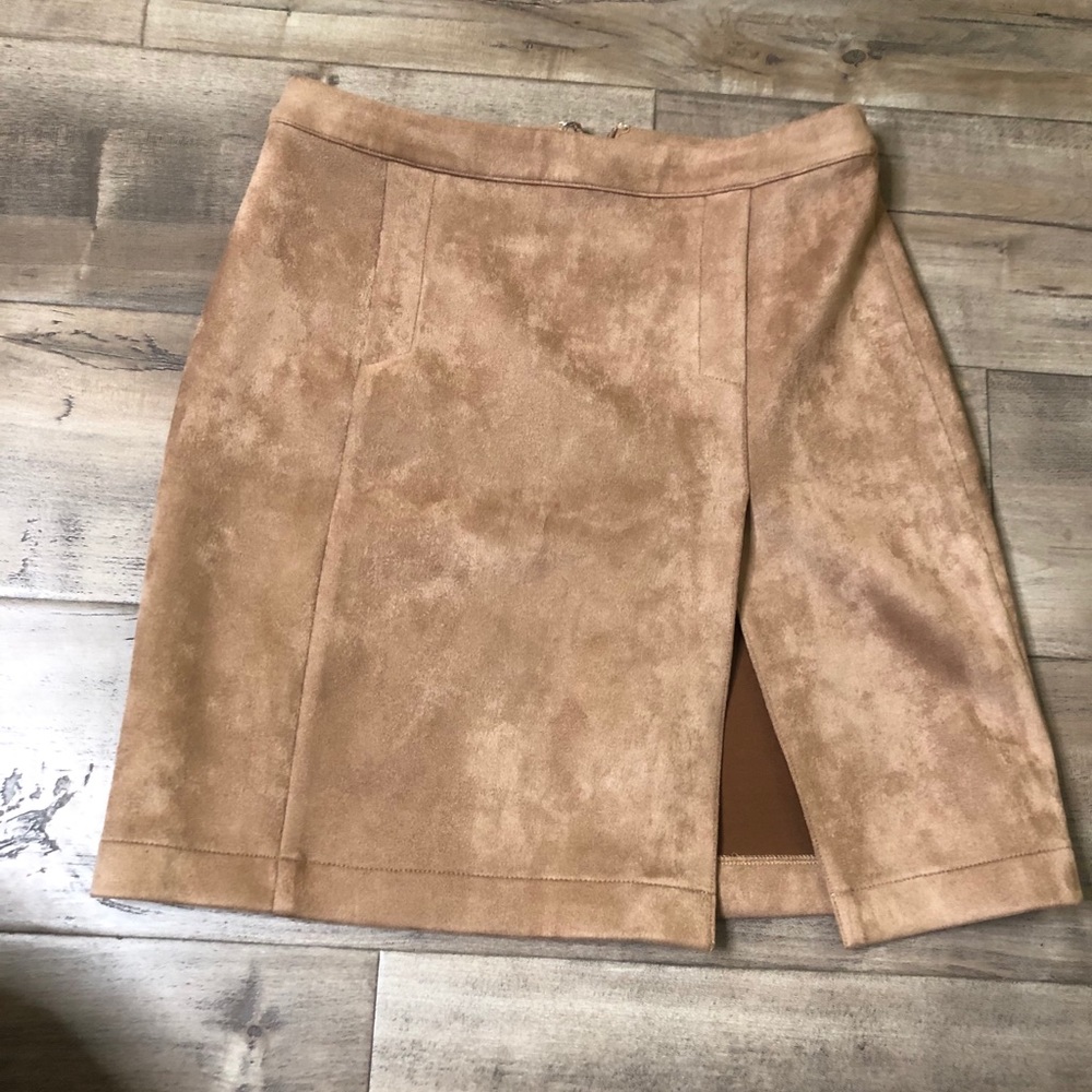 Tan Suedette Front Split Mini Skirt